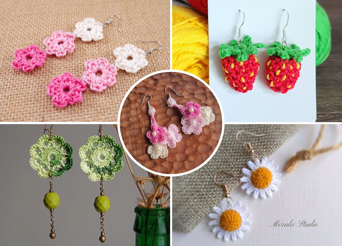 a set of colorful crochet earrings