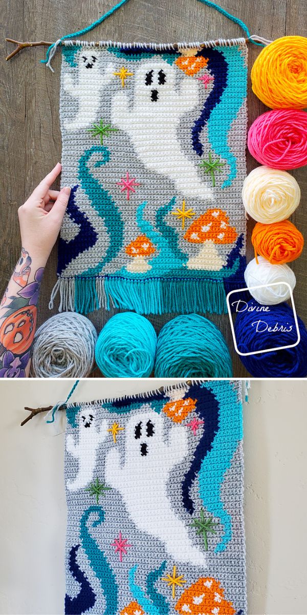 tapestry crochet wall hanging with ghosts and mushrooms