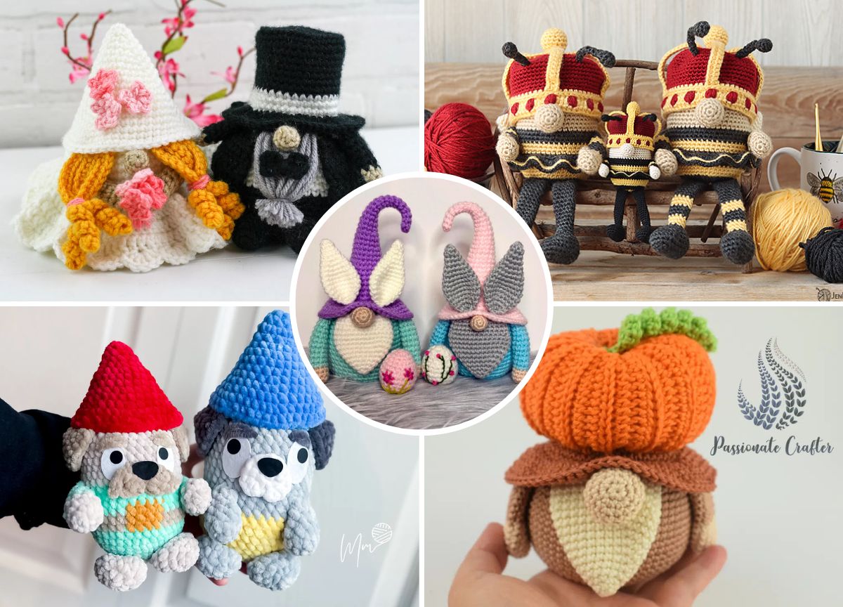 A collage of crocheted amigurumi dolls, featuring an amigurumi gnome, animals, bees in royal costumes, and a character with an acorn hat, all set against a backdrop of colorful yarn balls.