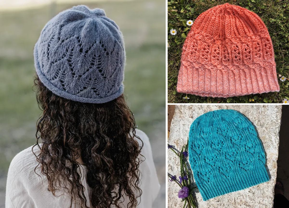 Three knit hats with lace patterns: one gray hat worn by a person, one pink hat on grass, and one blue hat beside lavender—perfect accessories for your favorite amigurumi gnome.
