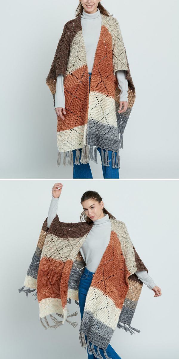 knitted wide lacy shawl with tassels