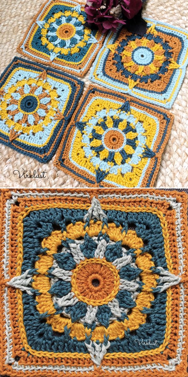 colorful crochet afghan blocks with geometric pattern