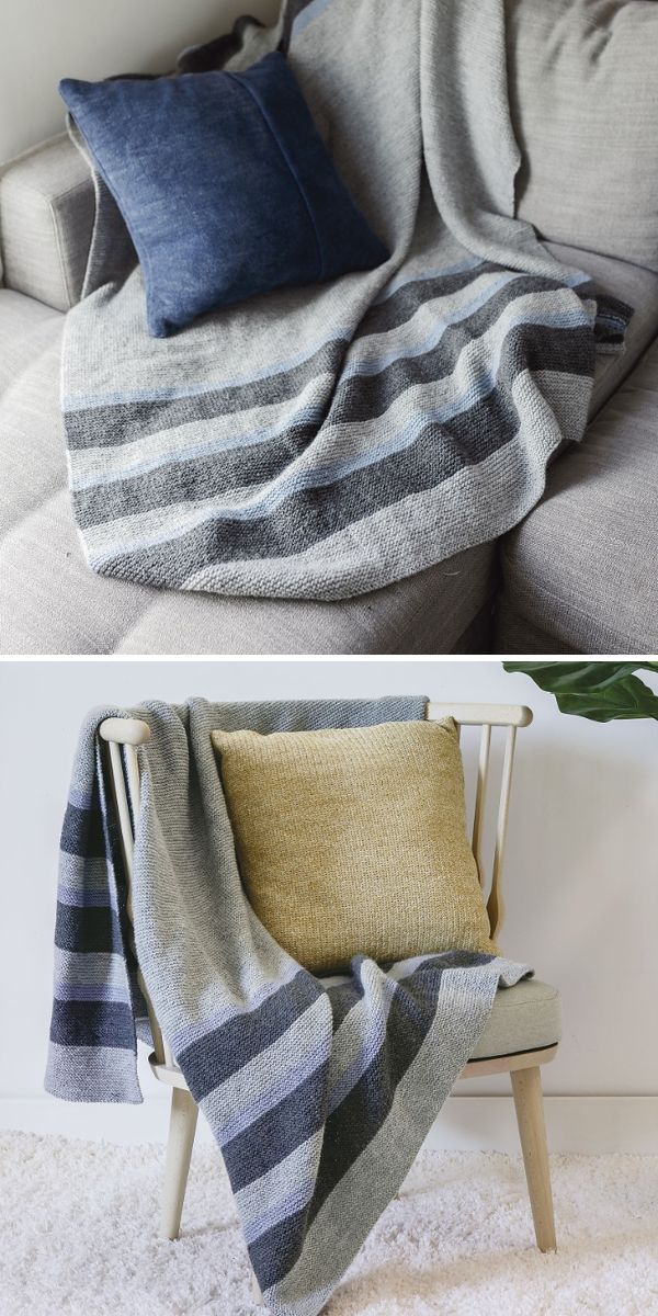 striped crochet blanket on a couch.