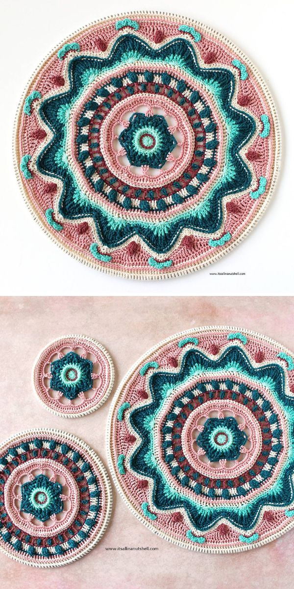 Two pictures of a crocheted mandala.