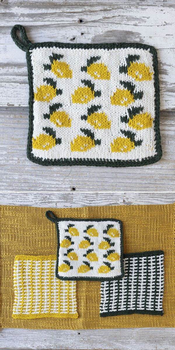 lemon pattern knitted potholder set