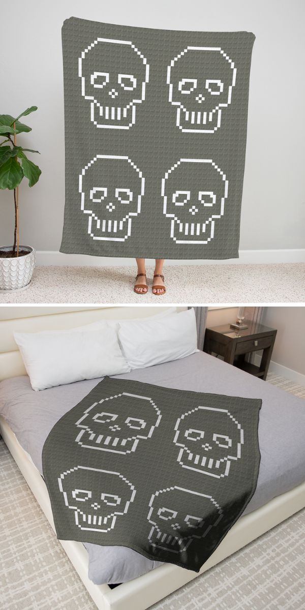 grey c2c blanket with skull pattern