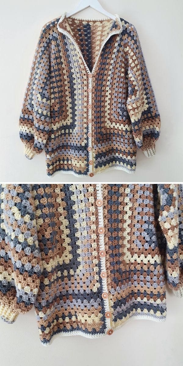 Two pictures of a crocheted cardigan jacket hanging on a hanger.