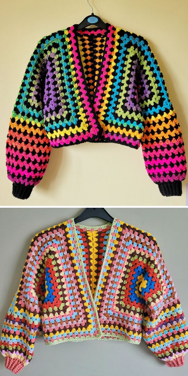 Two pictures of crochet hexagon jackets hanging on a hanger.