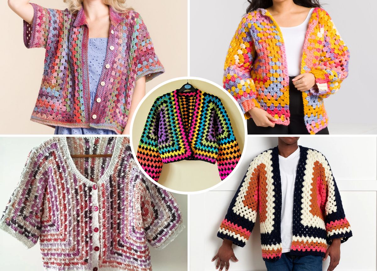 people wearing colorful crochet hexagon cardigans