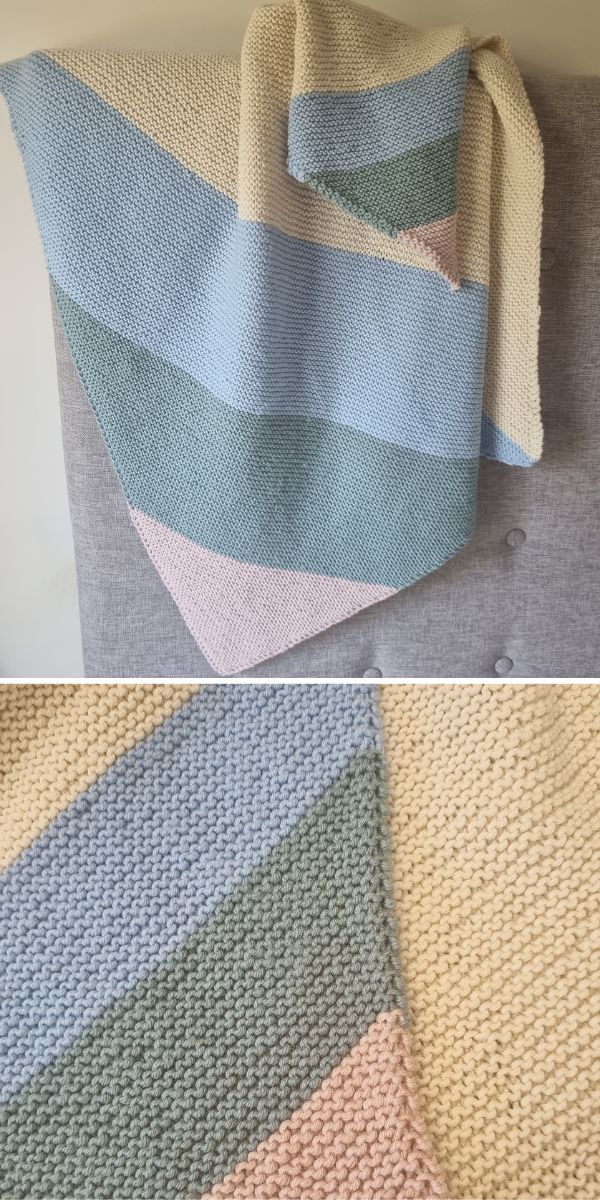 Two pictures of a knitted striped blanket on a bed.