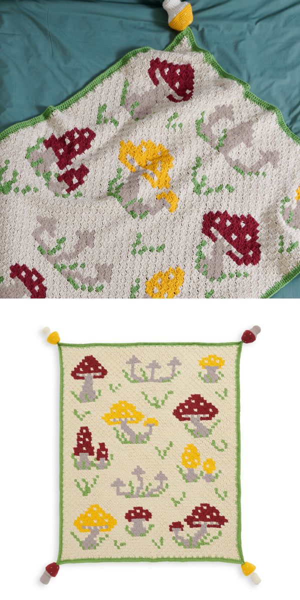 Two pictures of a crocheted blanket with mushrooms on it.