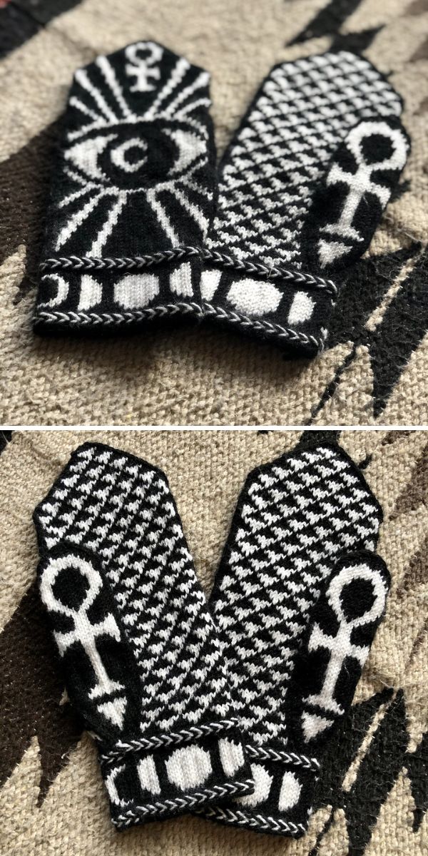 Black and white knitted mittens with symbols on them.