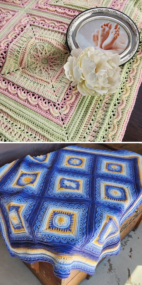 A crocheted afghan in two colorways