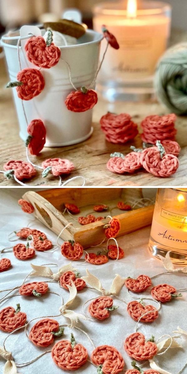 Crochet mini pumpkin garland with candles.