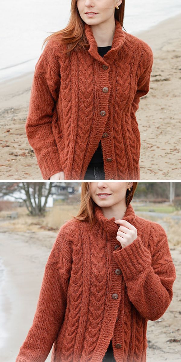 Two pictures of a woman wearing a red knitted cabled cardigan.