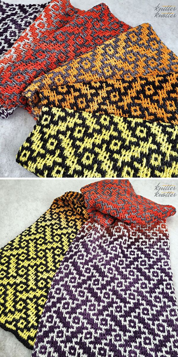 A group of knitted blankets in different colors.