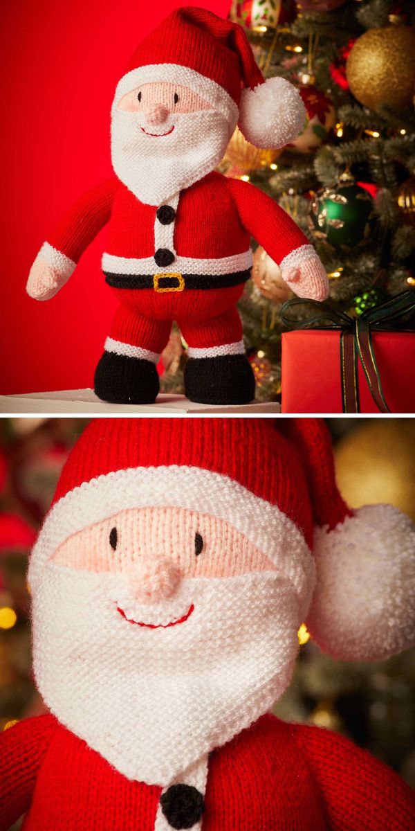 A santa claus knitted toy next to a christmas tree.