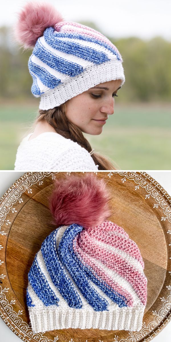 a striped tunisian crochet hat with a pom pom.