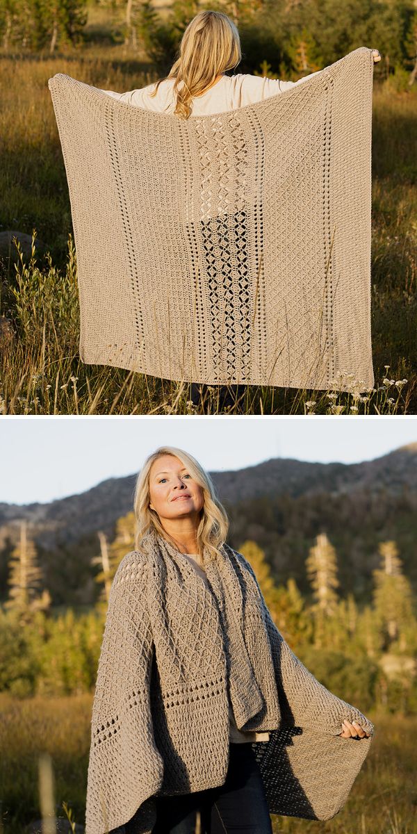 a woman holding a textured crochet blanket