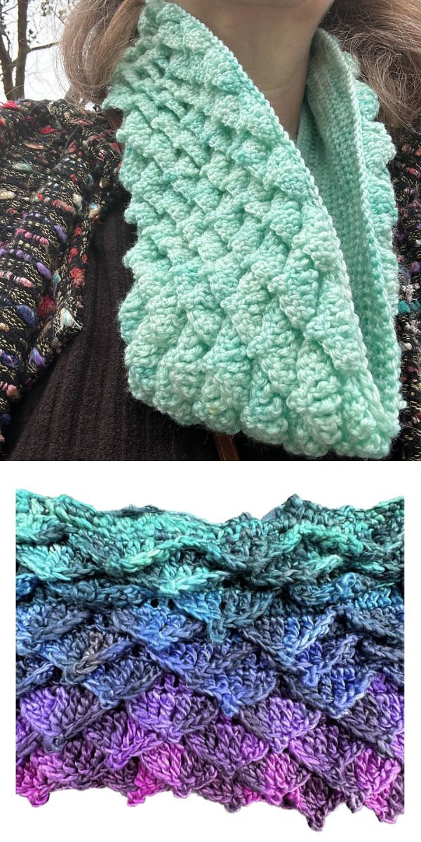 A woman wearing a knitted neck scarf.