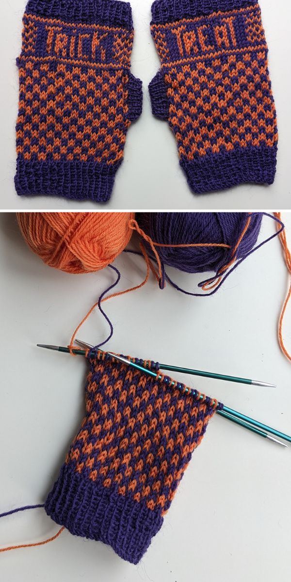 A pair of orange and purple halloween knitted mittens.
