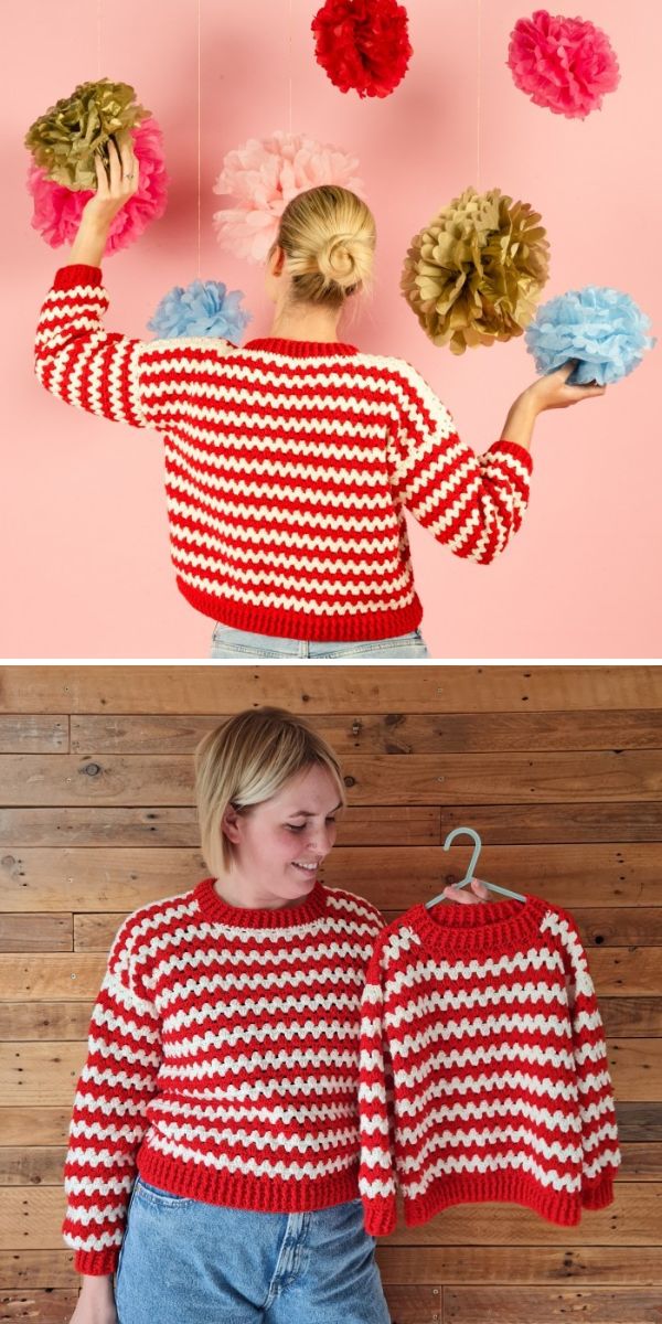 Two pictures of a woman wearing a crocheted striped red and white sweater.