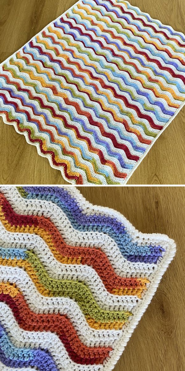 A crocheted afghan with a rainbow striped pattern.