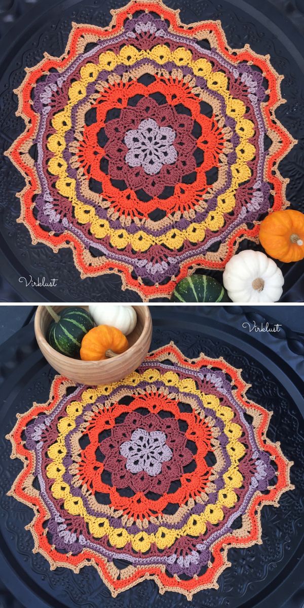 Two pictures of a crochet mandala with pumpkins on it.