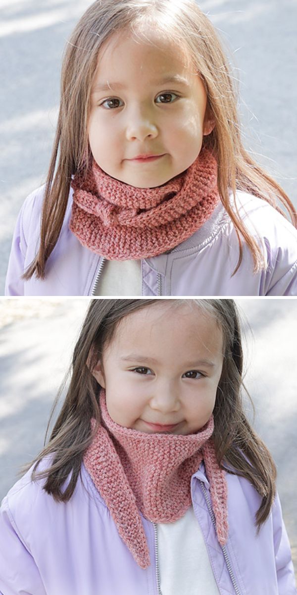 Two pictures of a little girl wearing a pink knitted scarf.