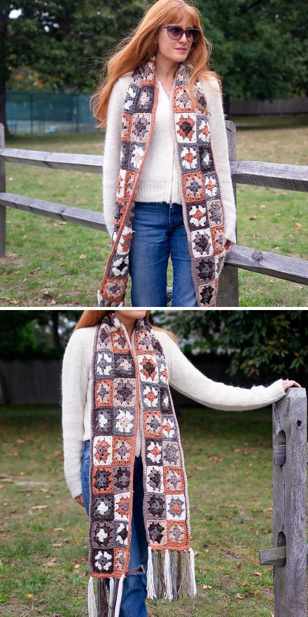 Two pictures of a woman wearing a crochet granny square scarf.