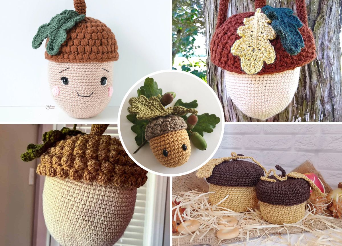 a collection of crochet acorn projects like bags and amigurumi