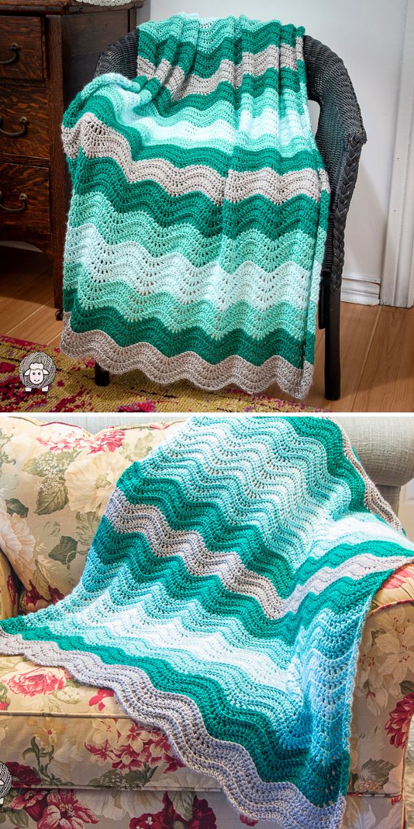 Two pictures of a crocheted afghan on a couch.