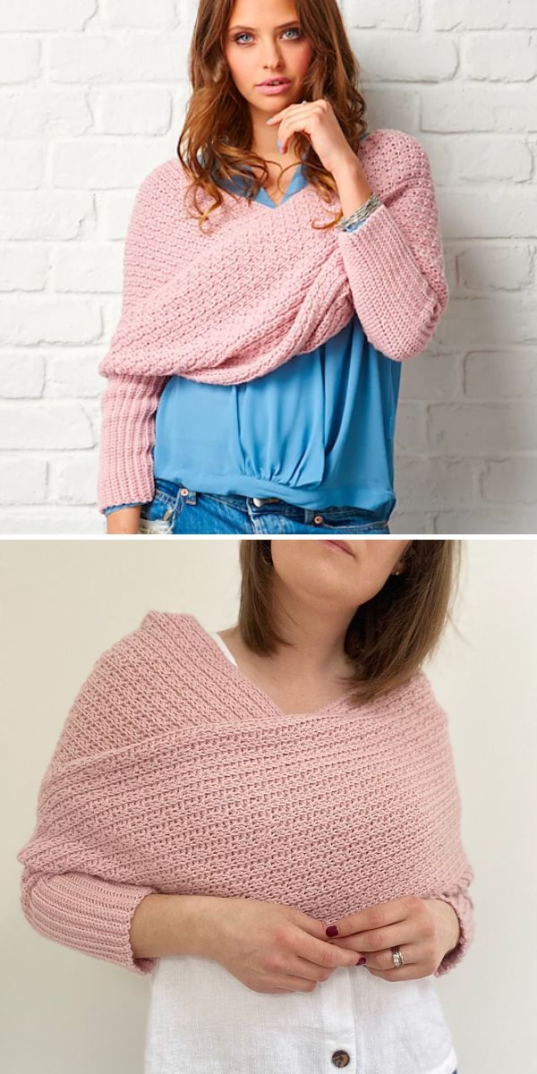 Two pictures of a woman wrapped in a pink crochet shawl.