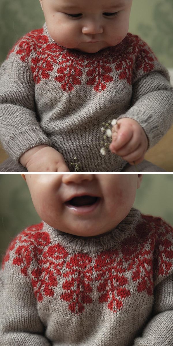 Two pictures of a baby wearing a knitted sweater with colorwork