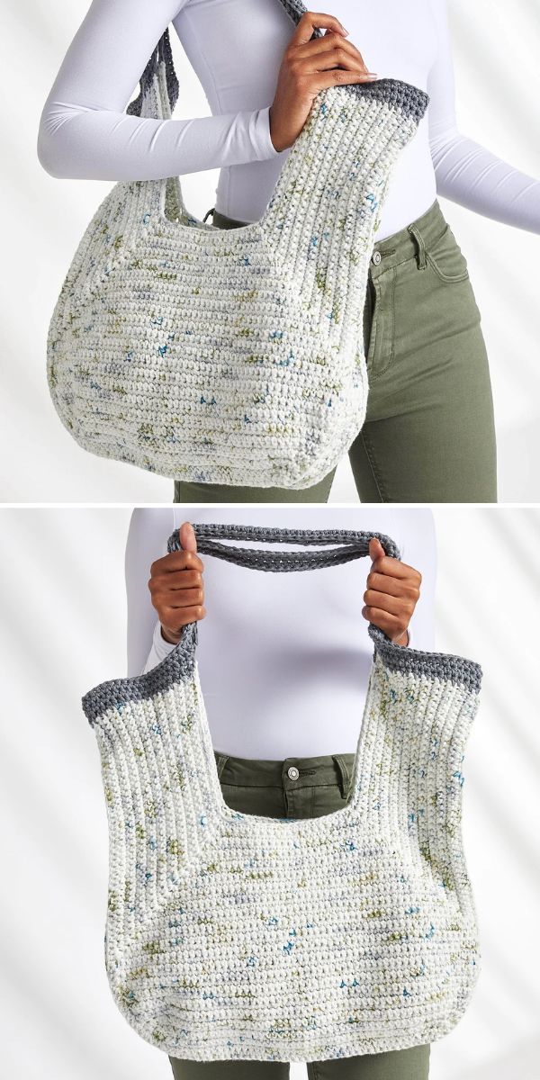 a woman holding a crocheted bag.