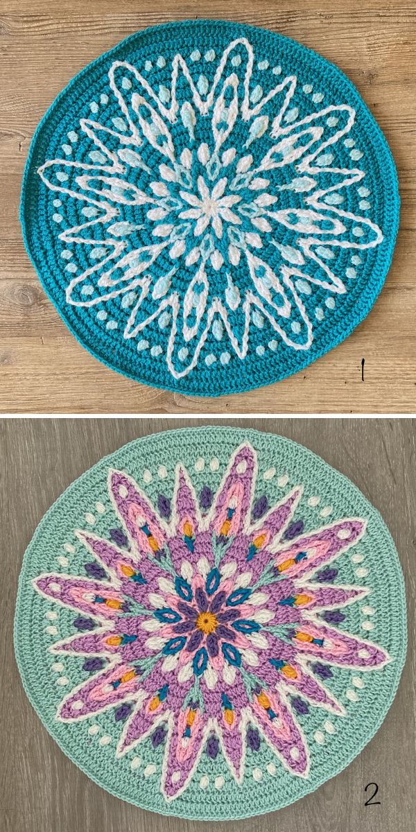 Two pictures of a crocheted mandala with a flower on it.