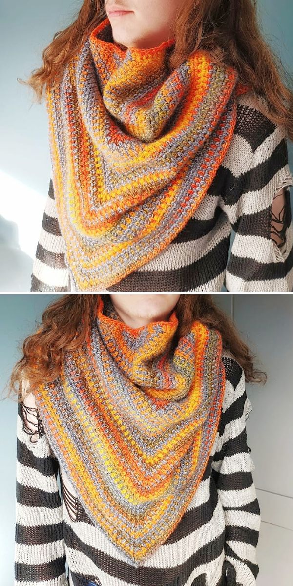 Two pictures of a woman wearing a striped crochet scarf.