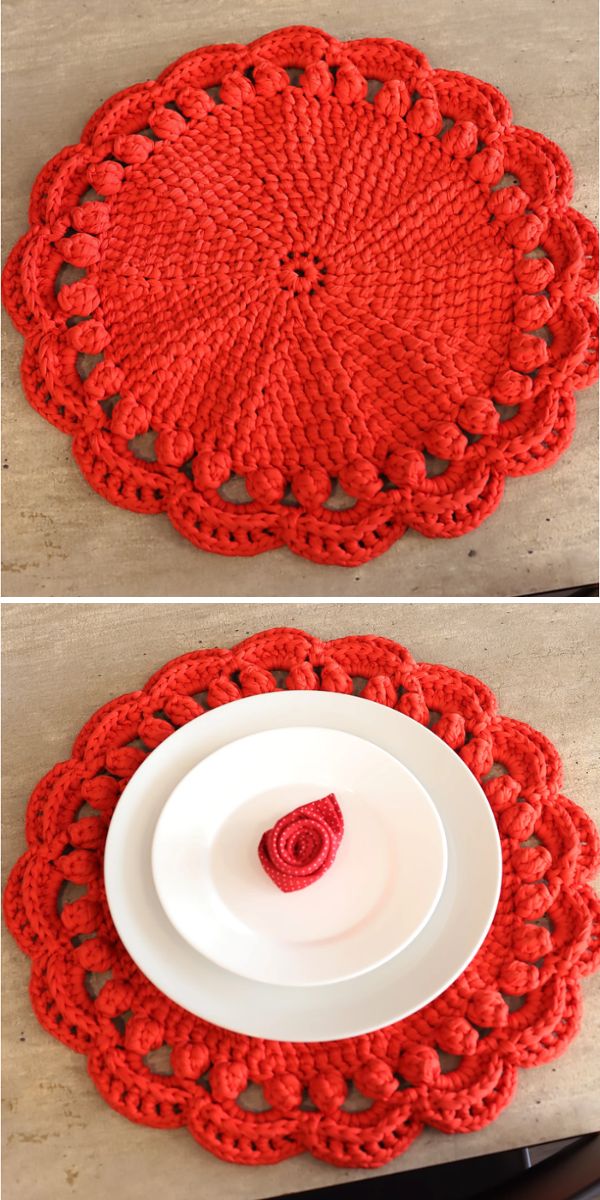 circular orange crochet placemats.