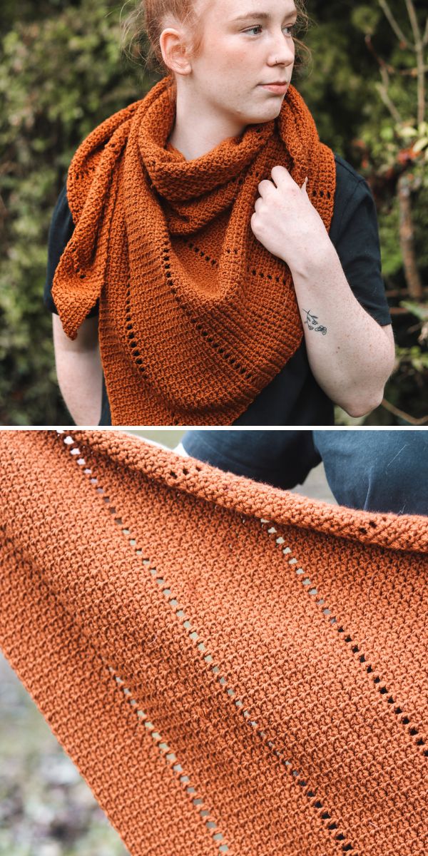 Two pictures of a woman wearing an orange knitted shawl.