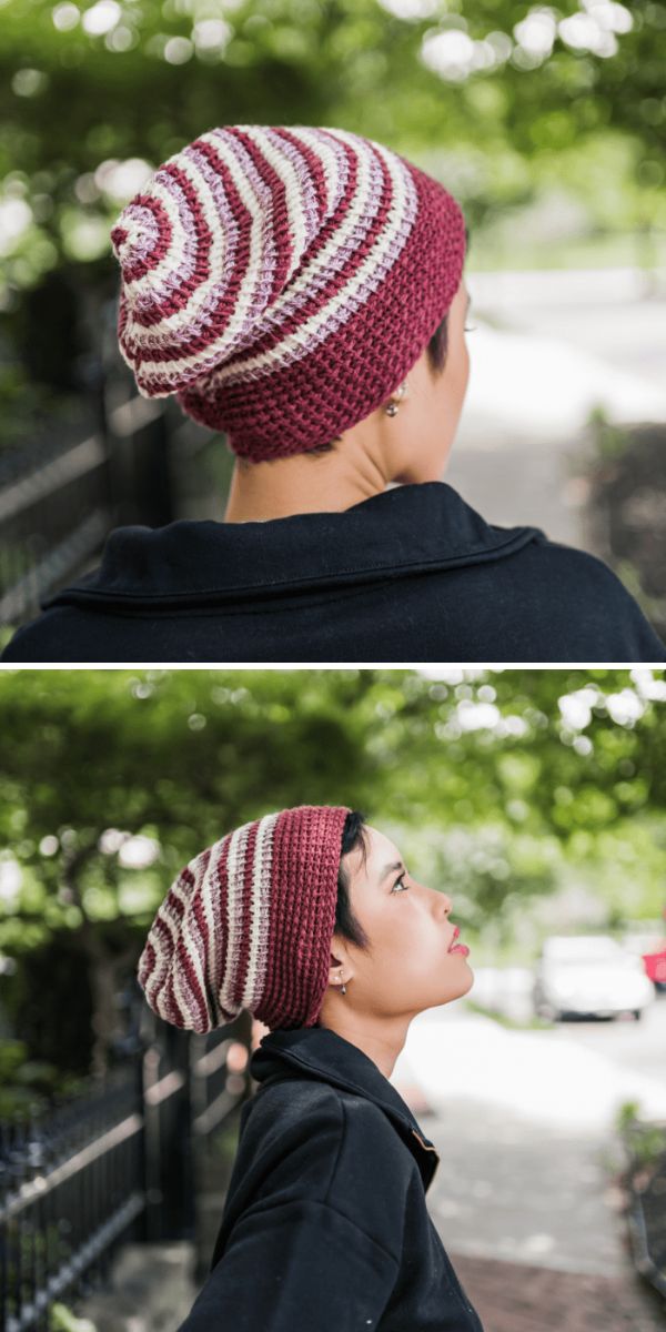 a woman wearing a striped crochet beanie.