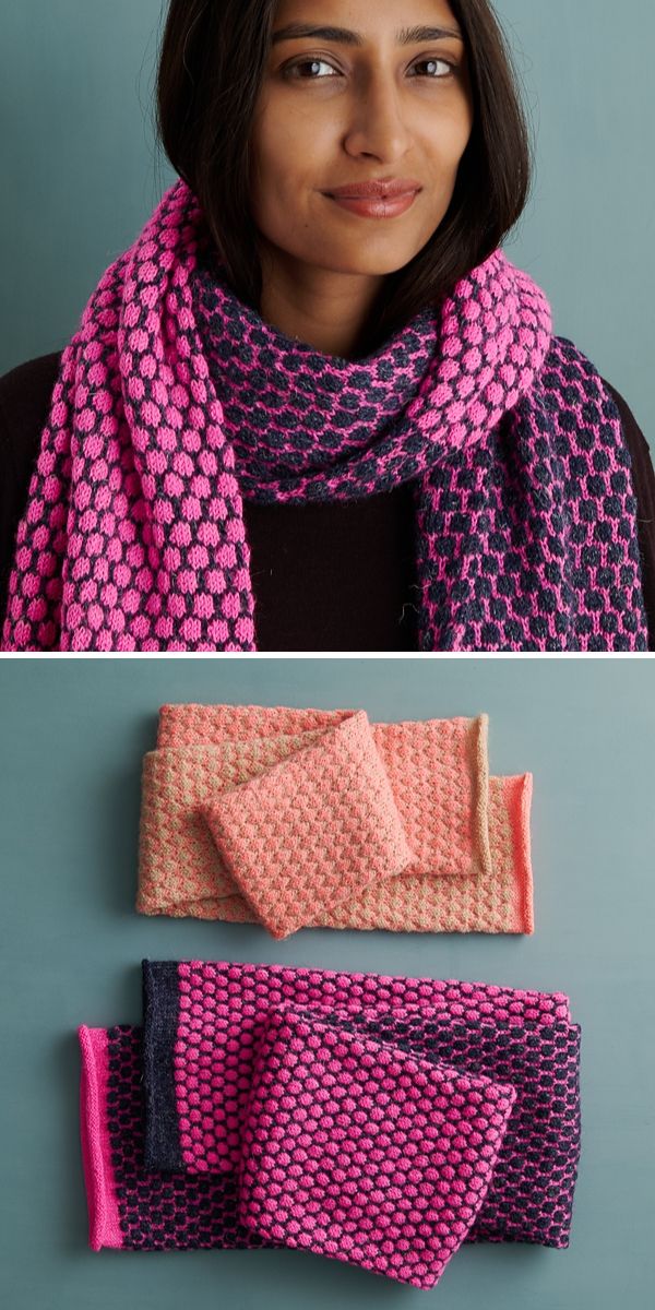 Two pictures of a woman wearing a pink and blue scarf.