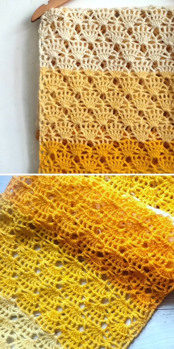  Lacy Crochet Shawl, Gray and Yellow Stripes, Large