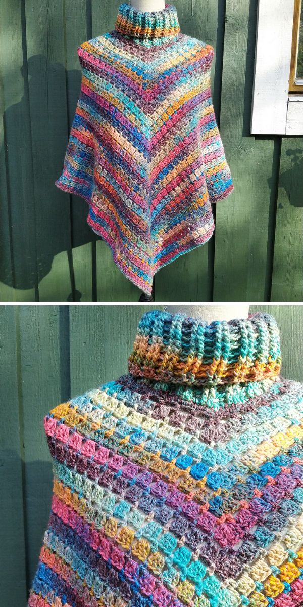 crocheted granny stripe poncho on a mannequin.