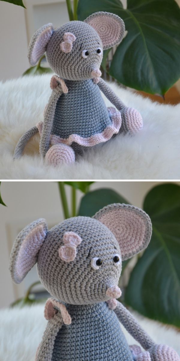 Two pictures of a crocheted amigurumi mouse.