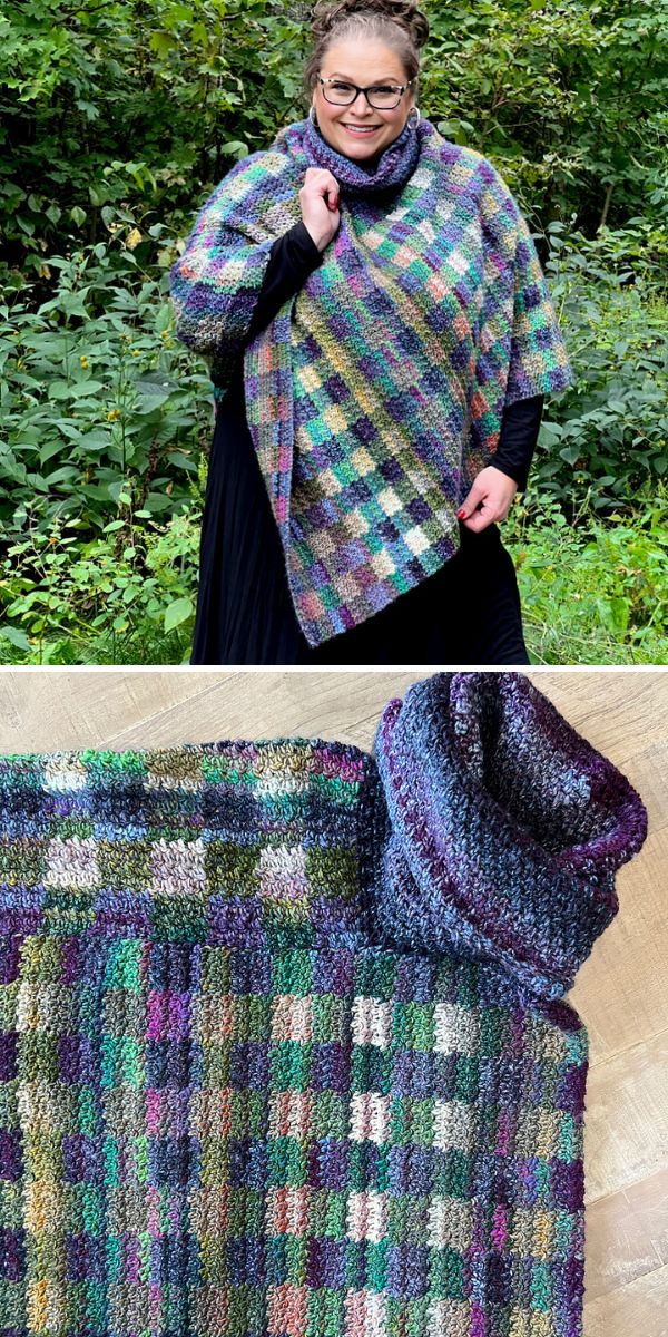 a woman wearing a plaid crochet poncho.