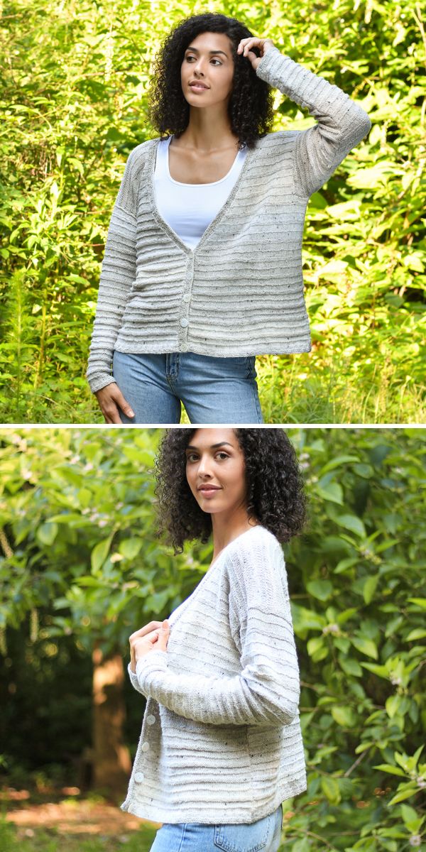 Two pictures of a woman wearing a grey knitted cardigan.