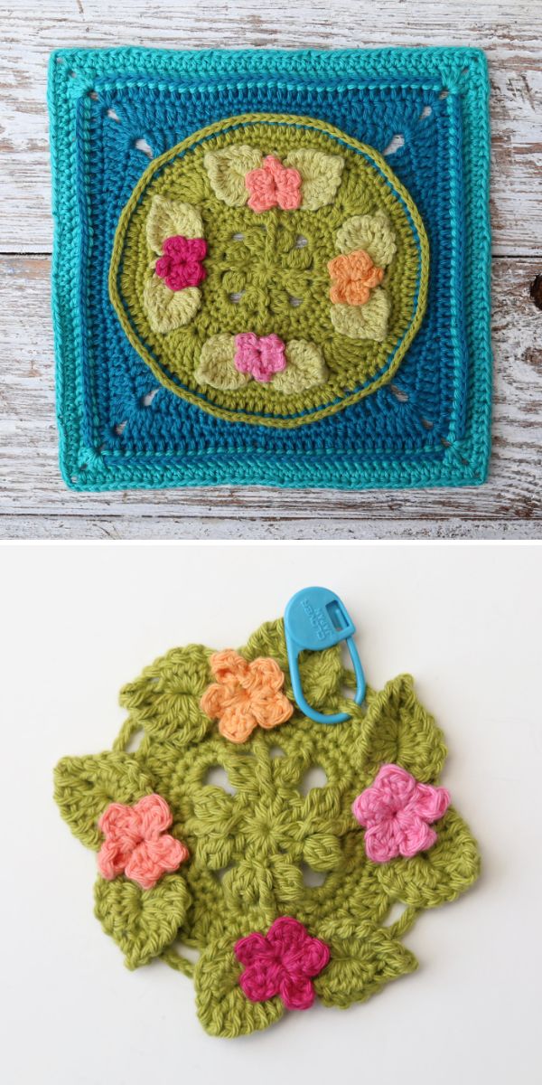 A crocheted afghan square with flowers