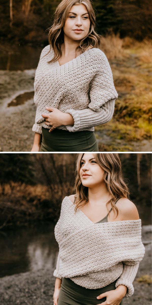 A woman is posing in front of a river wearing a crochet sweater scarf