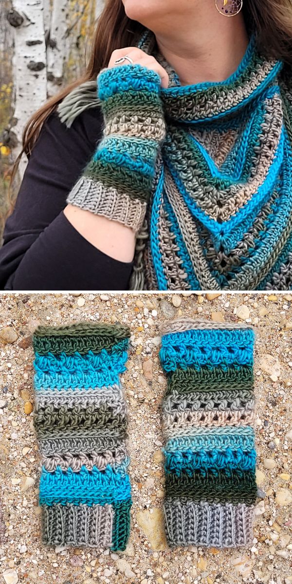 A woman wearing a crocheted scarf and crochet mittens.