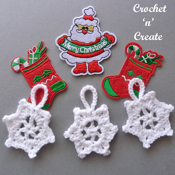 A set of crochet ornaments with stockings and stockings.